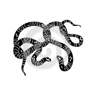 Two curled snakes silhouette. Black striped vipers line art. Monochrome venomous serpents with patterned scale. Mystic