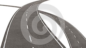 Two curved roads represent different options.,Two-way lane road isolated on a white background