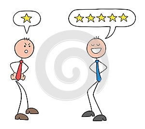 Two customer stickman businessman arguing with each other. One is not at all satisfied with the service or product and gives 1