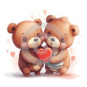 Two cute adorable baby bears holding a heart, a couple in love for valentines day
