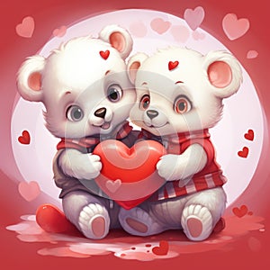 Two cute adorable baby bears holding a heart, a couple in love for valentines day