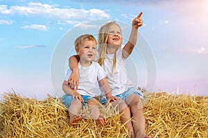 Two cute adorable caucasian siblings enjoy having fun sitting on top over golden hay bale on wheat harvested field near