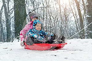 Two cute adorable funny sibling kid friend wear warm jacket enjoy have fun sledging at city park area or forest against