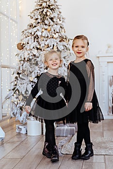 Two cute adorable little sisters near christmas tree in cozy living room.