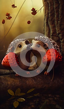 Two cute animated hedgehogs standing close to each other. Lovely animals in love near the red mushrooms in the wood. Generative AI