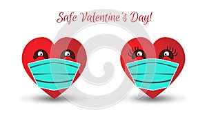 Two cute anthropomorphic hearts in medical face masks look at each other. inscription - Safe Valentine`s Day