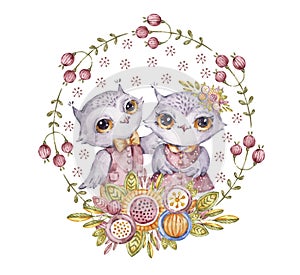 Two cute aquarelle owls in circle flower wreath