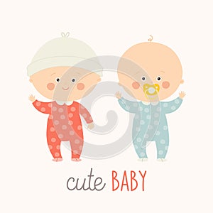 Two cute babies standing with baby pacifier. Toddler boy and girl smiling.