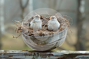 Two cute baby birds sitting in a nest isolated on a white background