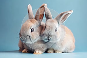Two cute baby bunny on a blue background. For greeting card or banner. Generative ai