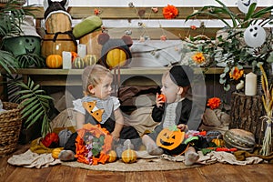 Two cute baby girl dressed in Halloween costume sitting on bed with Halloween decoration at home. Lifestyle indoors