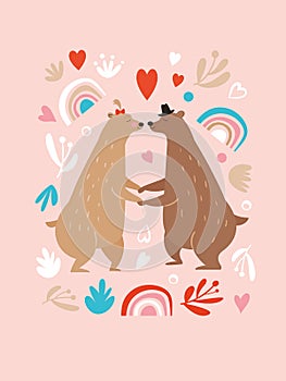 Two Cute Bears, Valentine`s Day greeting card