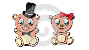 Two cute, beautiful, brown bear girl and boy with big head and blue eyes in a cylinder and bow tie, bow and pearl necklace with sh