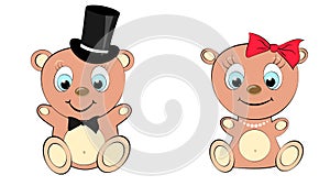 Two cute, beautiful, brown bear girl and boy with big head and blue eyes in a cylinder and bow tie, bow and pearl necklace on whit