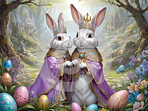 Two cute beautiful costumed bunnies with Easter eggs in the forest