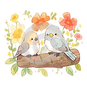 Two cute birds on a branch with flowers. Watercolor illustration.