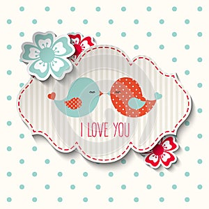 Two cute birds with flowers and text I love you, illustration