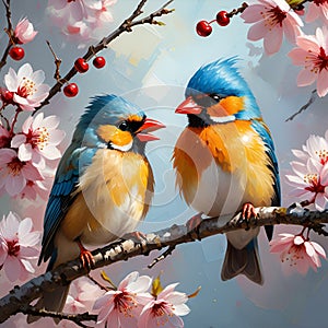 Two cute birds sits on a cherry tree branch, blooming flower, digital painting arf