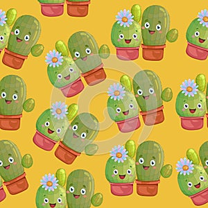 Two cute bright cartoon cactus in pot with little flower seamless pattern.