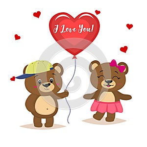 Two cute brown bears stand, the boy is holding a red ball, girl panda in a pink skirt and with a bow, in cartoon style.
