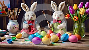 Two cute bunnies are painting the Easter eggs near the fresh multicolour tulips