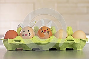 two cute bunny eggs in an egg container. Easter