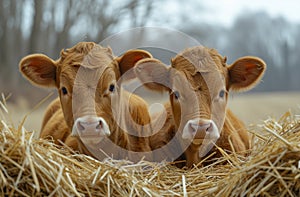 Two cute calfs lie on haystack in the winter