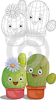 Two cute cartoon cactus in pot with little flower sketch template set.