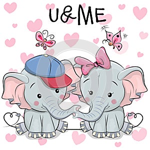 Two Cute Cartoon Elephants and butterflies