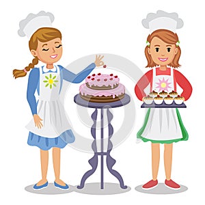 Two cute cartoon girl with pastry. Girl decorates a cake