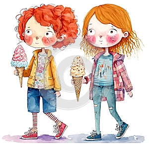 Two cute cartoon girls with ice cream. Watercolor illustration. White background