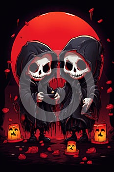 Two cute cartoon grim reapers at Happy Halloween background.