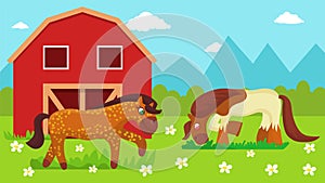 Two cute cartoon horses walking outdoor and eating grass on farm pasture meadow near stable vector illustration flat