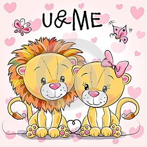 Two cute Lions on a hearts background