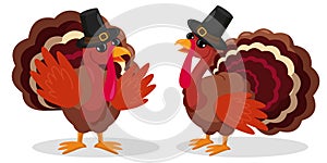 Two cute cartoon turkey birds in pilgrim hats.