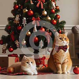 Two cute cats against the background of a Christmas tree.