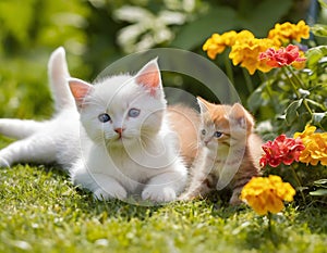 Two Cute cats kittens lying in garden and watching towards camera, Generative AI