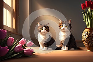 Two cute cats in love, AI generated 3D illustration