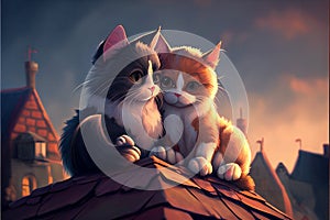 Two cute cats on the roof of an old house. AI generated.