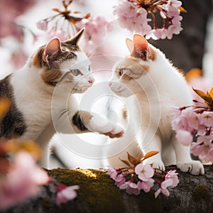 Two cute cats sitting on a cherry blossom tree