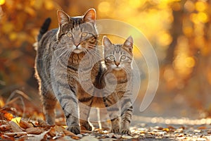 Two cute cats walking in a fall forest with warm colors and blurry background