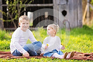 Two cute caucasian small kids, boy and girl, sitting in a grass