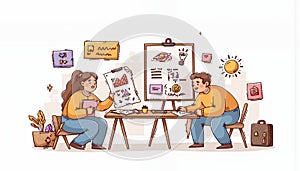 Two Cute Chibi Characters Collaborate on a Creative Project photo