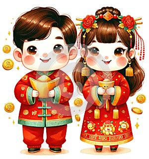 Two cute children dressed in festive red traditional outfits, holding gold ingots and surrounded by falling coins, celebrating