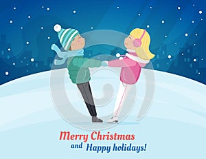 Two cute children skating at ice rink. Christmas