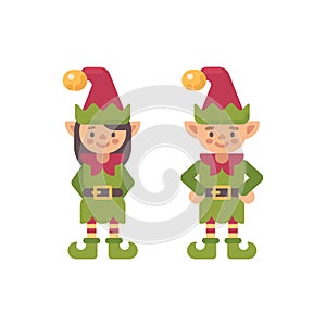 Two cute Christmas elves, male and female. Santa Claus elf icon