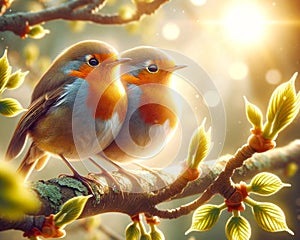Two Cute Colorful European Robins Springtime Morning Sunrise Tree Branch Small Birds AI Generated
