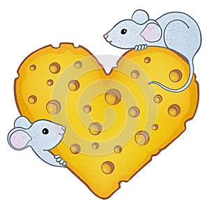 Two cute curious mice on a big cheese heart.