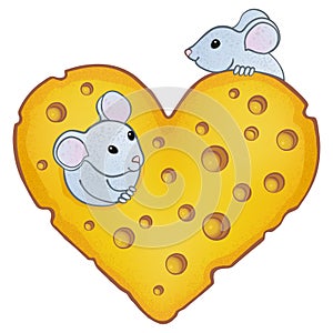 Two cute curious mice and a big cheese heart.