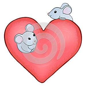 Two cute curious mice and a big pink heart.